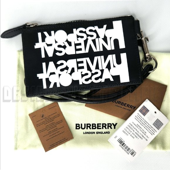 BURBERRY black calf Leather w​hite Slogan Print Card Case on Lanyard sling NWT - Picture 4 of 8